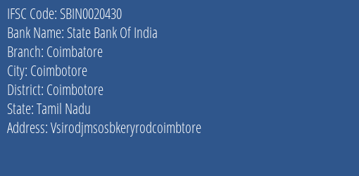 State Bank Of India Coimbatore Branch Coimbotore IFSC Code SBIN0020430
