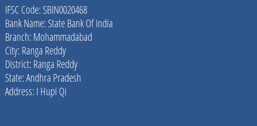 State Bank Of India Mohammadabad Branch Ranga Reddy IFSC Code SBIN0020468