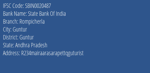 State Bank Of India Rompicherla Branch Guntur IFSC Code SBIN0020487