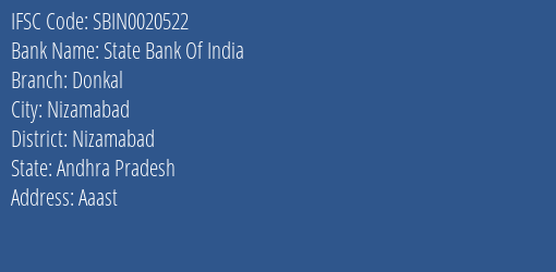 State Bank Of India Donkal Branch Nizamabad IFSC Code SBIN0020522