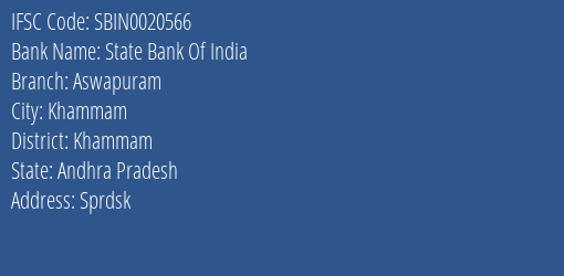 State Bank Of India Aswapuram Branch Khammam IFSC Code SBIN0020566