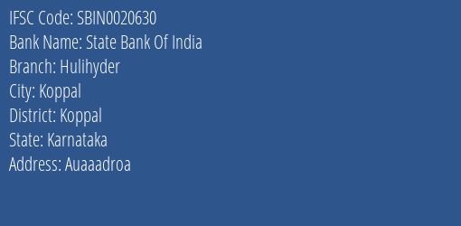 State Bank Of India Hulihyder Branch Koppal IFSC Code SBIN0020630