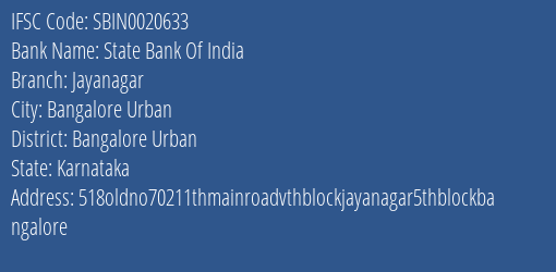 State Bank Of India Jayanagar Branch Bangalore Urban IFSC Code SBIN0020633