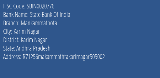 State Bank Of India Mankammathota Branch Karim Nagar IFSC Code SBIN0020776