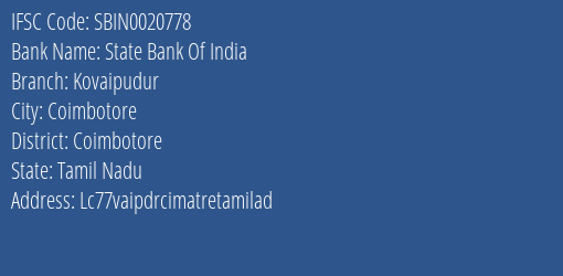 State Bank Of India Kovaipudur Branch Coimbotore IFSC Code SBIN0020778