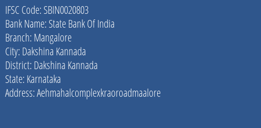 State Bank Of India Mangalore Branch Dakshina Kannada IFSC Code SBIN0020803