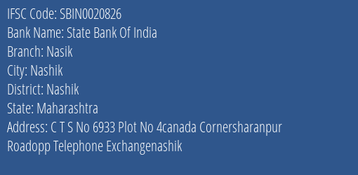 State Bank Of India Nasik Branch Nashik IFSC Code SBIN0020826