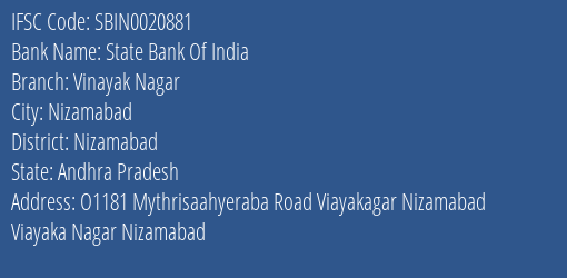 State Bank Of India Vinayak Nagar Branch Nizamabad IFSC Code SBIN0020881
