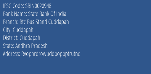 State Bank Of India Rtc Bus Stand Cuddapah Branch Cuddapah IFSC Code SBIN0020948