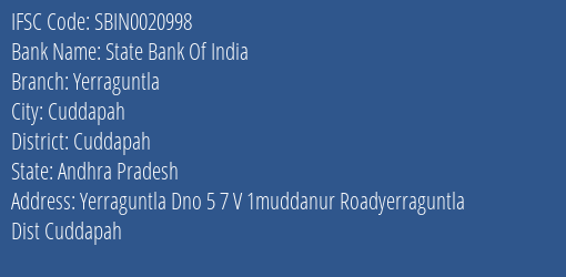 State Bank Of India Yerraguntla Branch Cuddapah IFSC Code SBIN0020998