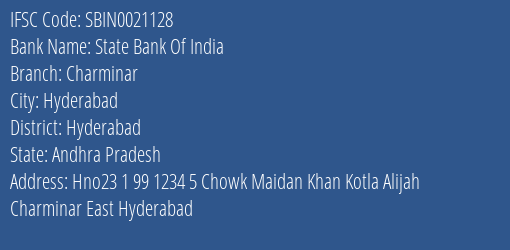 State Bank Of India Charminar Branch Hyderabad IFSC Code SBIN0021128