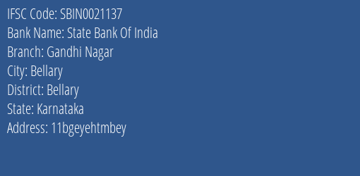 State Bank Of India Gandhi Nagar Branch Bellary IFSC Code SBIN0021137