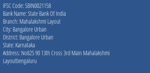 State Bank Of India Mahalakshmi Layout Branch Bangalore Urban IFSC Code SBIN0021158