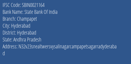 State Bank Of India Champapet Branch Hyderabad IFSC Code SBIN0021164