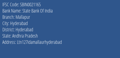 State Bank Of India Mallapur Branch Hyderabad IFSC Code SBIN0021165