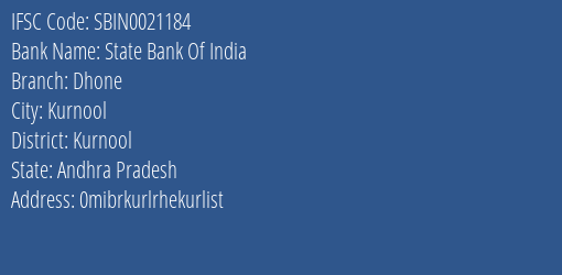 State Bank Of India Dhone Branch Kurnool IFSC Code SBIN0021184