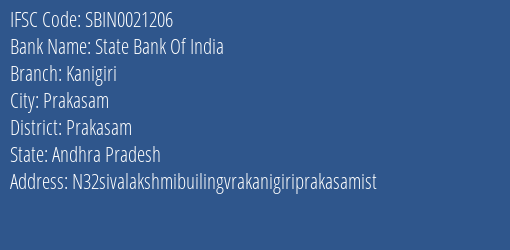 State Bank Of India Kanigiri Branch Prakasam IFSC Code SBIN0021206