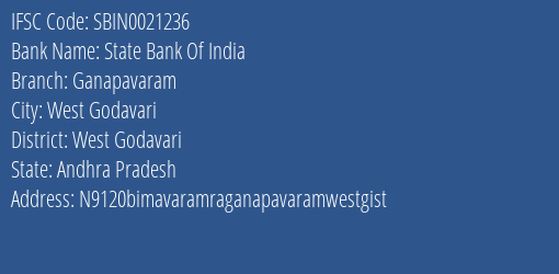 State Bank Of India Ganapavaram Branch West Godavari IFSC Code SBIN0021236