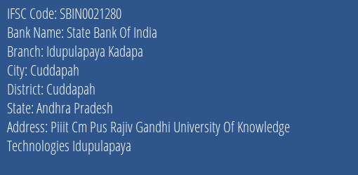 State Bank Of India Idupulapaya Kadapa Branch Cuddapah IFSC Code SBIN0021280