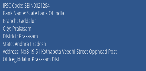 State Bank Of India Giddalur Branch Prakasam IFSC Code SBIN0021284