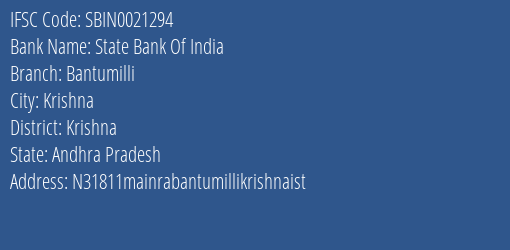 State Bank Of India Bantumilli Branch Krishna IFSC Code SBIN0021294