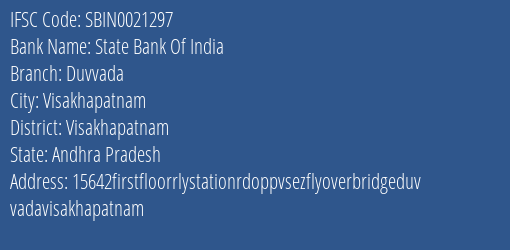 State Bank Of India Duvvada Branch Visakhapatnam IFSC Code SBIN0021297