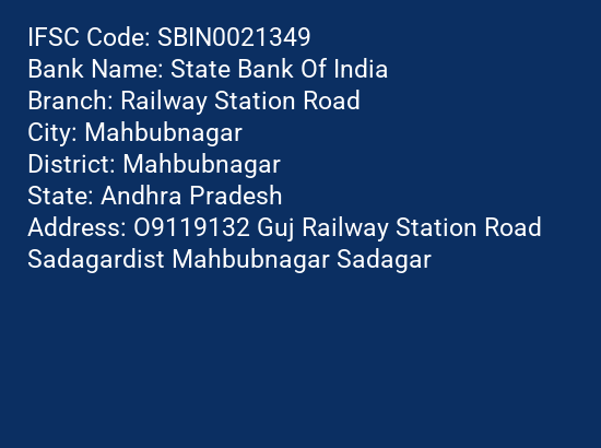 State Bank Of India Railway Station Road Branch, Branch Code 021349 & IFSC Code SBIN0021349