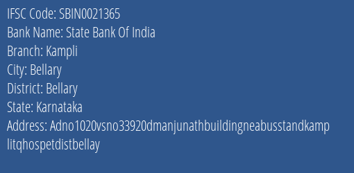 State Bank Of India Kampli Branch, Branch Code 021365 & IFSC Code Sbin0021365