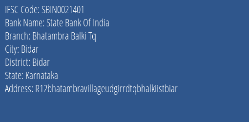 State Bank Of India Bhatambra Balki Tq Branch Bidar IFSC Code SBIN0021401