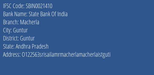 State Bank Of India Macherla Branch Guntur IFSC Code SBIN0021410