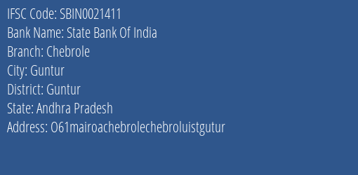 State Bank Of India Chebrole Branch Guntur IFSC Code SBIN0021411