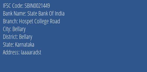 State Bank Of India Hospet College Road Branch Bellary IFSC Code SBIN0021449