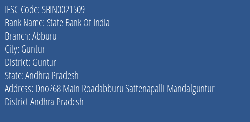State Bank Of India Abburu Branch Guntur IFSC Code SBIN0021509