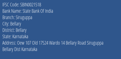 State Bank Of India Siruguppa Branch Bellary IFSC Code SBIN0021518