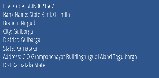 State Bank Of India Nirgudi Branch Gulbarga IFSC Code SBIN0021567