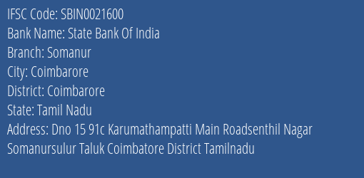 State Bank Of India Somanur Branch Coimbarore IFSC Code SBIN0021600