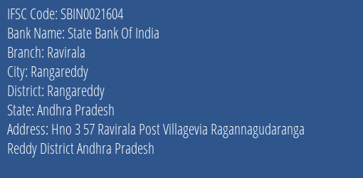 State Bank Of India Ravirala Branch Rangareddy IFSC Code SBIN0021604