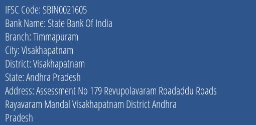 State Bank Of India Timmapuram Branch Visakhapatnam IFSC Code SBIN0021605