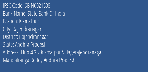 State Bank Of India Kismatpur Branch Rajendranagar IFSC Code SBIN0021608