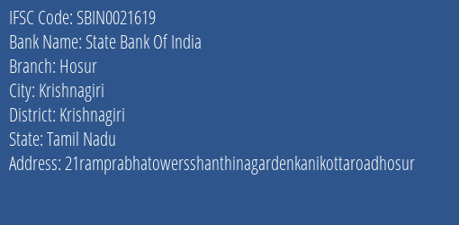 State Bank Of India Hosur Branch Krishnagiri IFSC Code SBIN0021619