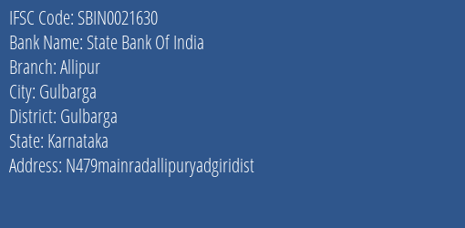State Bank Of India Allipur Branch Gulbarga IFSC Code SBIN0021630