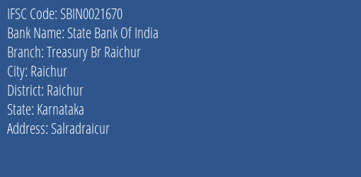 State Bank Of India Treasury Br Raichur Branch Raichur IFSC Code SBIN0021670