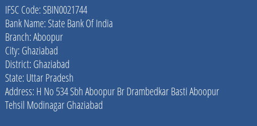 State Bank Of India Aboopur Branch Ghaziabad IFSC Code SBIN0021744