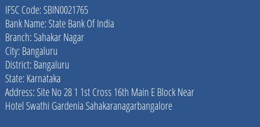 State Bank Of India Sahakar Nagar Branch Bangaluru IFSC Code SBIN0021765
