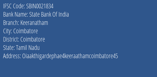 State Bank Of India Keeranatham Branch Coimbatore IFSC Code SBIN0021834