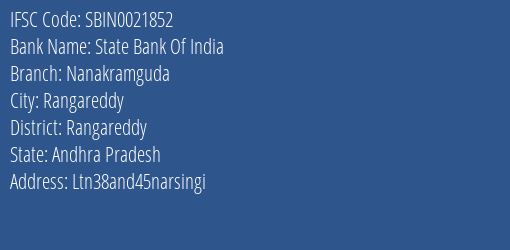 State Bank Of India Nanakramguda Branch Rangareddy IFSC Code SBIN0021852