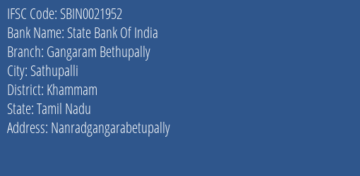 State Bank Of India Gangaram Bethupally Branch Khammam IFSC Code SBIN0021952