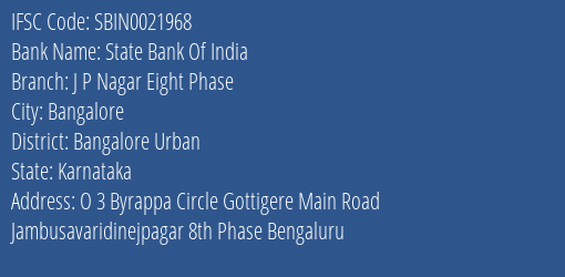 State Bank Of India J P Nagar Eight Phase Branch Bangalore Urban IFSC Code SBIN0021968
