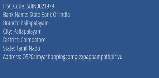 State Bank Of India Pallapalayam Branch Coimbatore IFSC Code SBIN0021979
