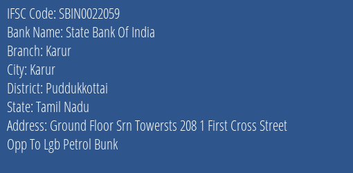State Bank Of India Karur Branch Puddukkottai IFSC Code SBIN0022059